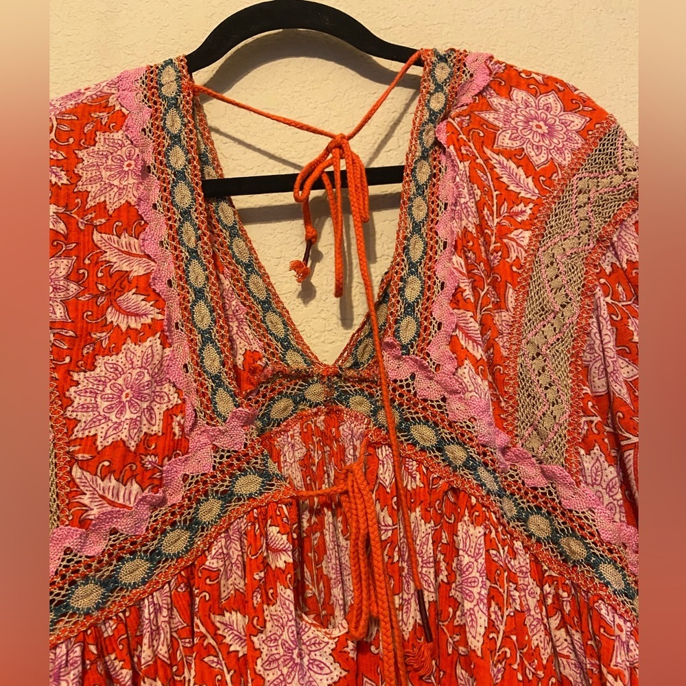 Free People High-Low Puff Sleeve Tie Back Dress Tunic Moon Child Maxi Top Sz L - Picture 6 of 10